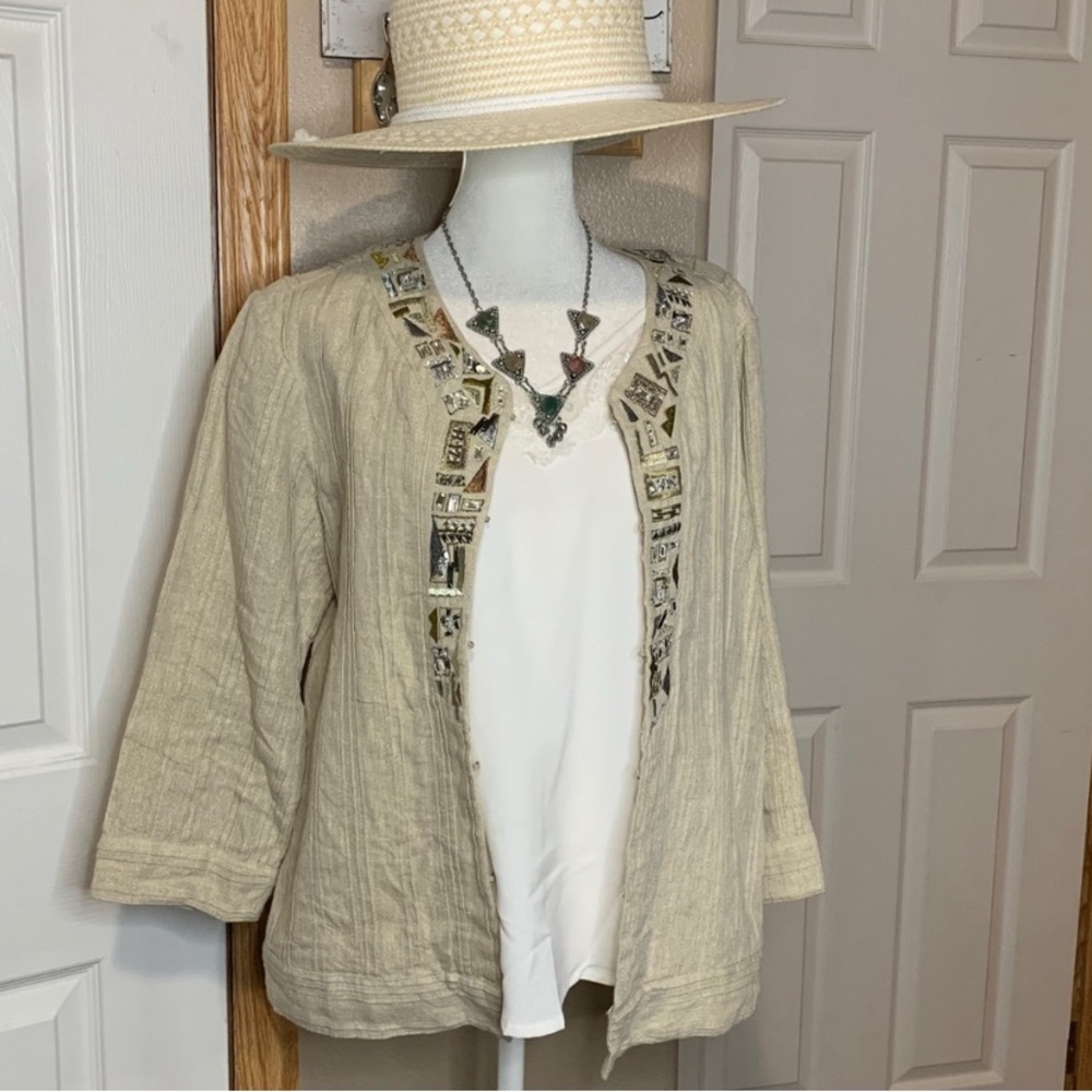 CHICOS Beige Collarless Metallic Embellished Linen Jacket